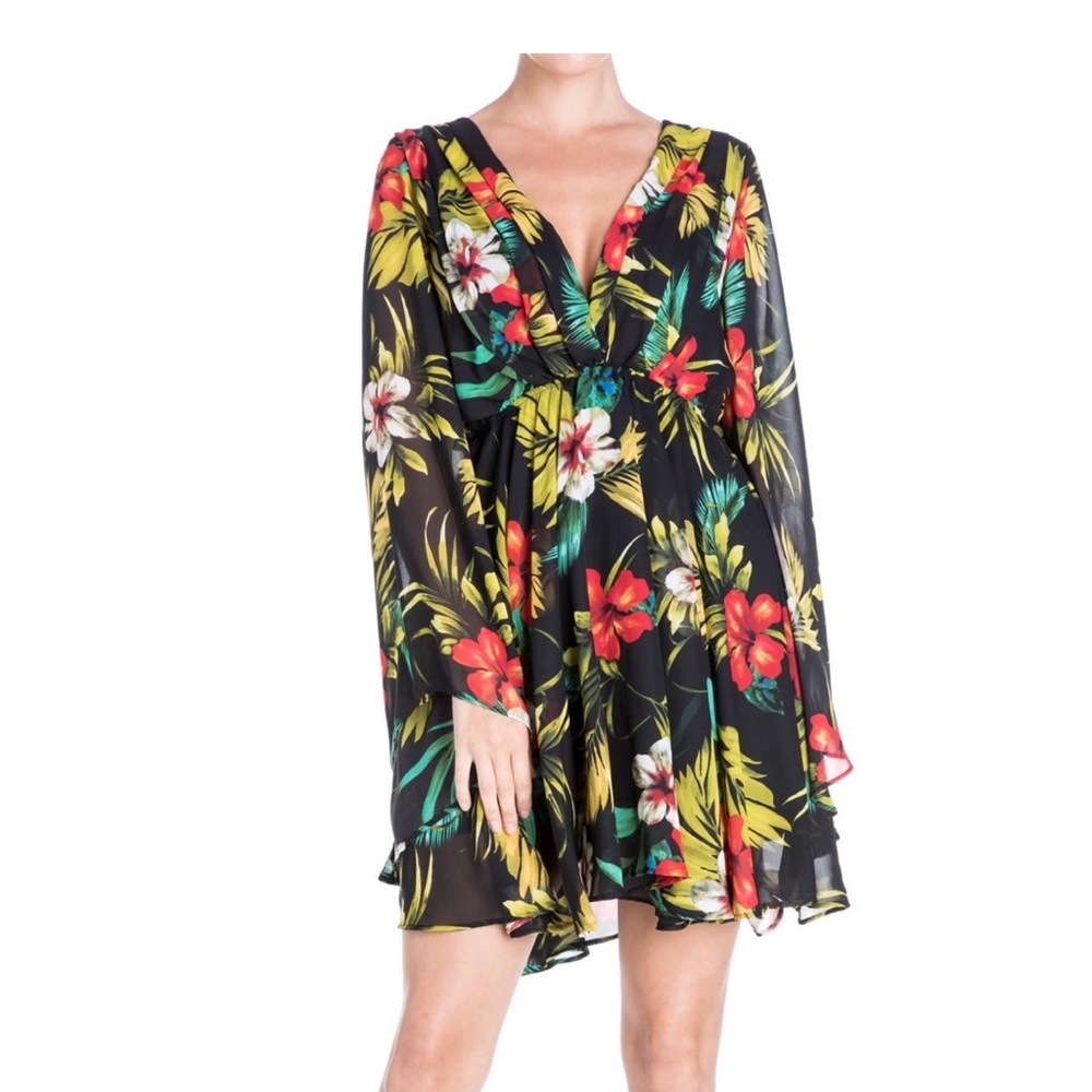 Meghan LA sunset floral bell sleeve mini dress